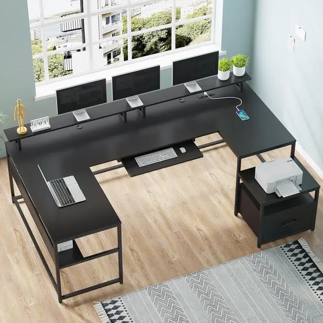 Alt view image 6 of 7 - U Shaped Desk, Reversible L Shaped Home Office Desk with File Drawer & Power Outlet, 101.5'' Computer Two Person Desk with Monitor Shelf, Keyboard Tray, Gaming Desk, Black