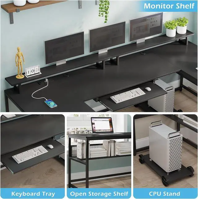 Alt view image 7 of 7 - U Shaped Desk, Reversible L Shaped Home Office Desk with File Drawer & Power Outlet, 101.5'' Computer Two Person Desk with Monitor Shelf, Keyboard Tray, Gaming Desk, Black