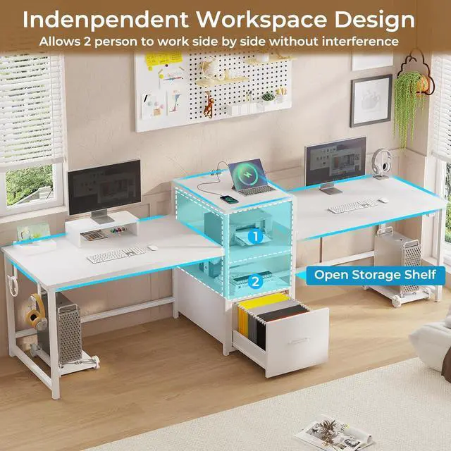 Alt view image 3 of 6 - 98" Home Office Desk, White Computer Desk with Letter/A4 File Drawer & Power Strip with USB, 2 Person Long Desk with Storage, Printer Shelf & Monitor Stand for Home Office, White