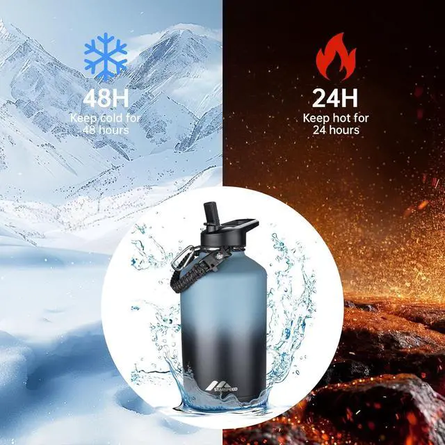 Alt view image 2 of 6 - StarSpeed 64oz Insulated Water Bottle with Straws & 2 Lids, Half Gallon Stainless Steel Double Walled Vacuum Water Jug, Large Wide Mouth with Paracord Handle for Gym Camping Hiking, Indigo Black