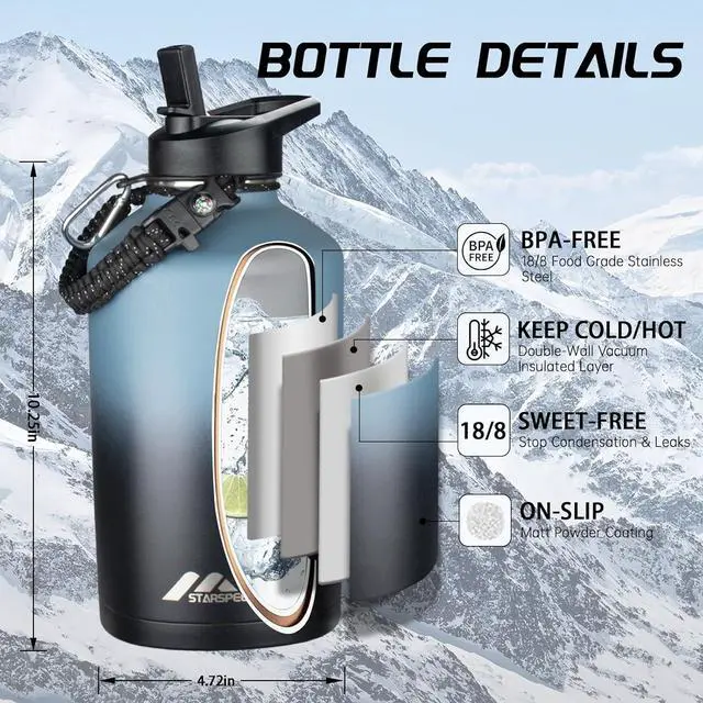 Alt view image 3 of 6 - StarSpeed 64oz Insulated Water Bottle with Straws & 2 Lids, Half Gallon Stainless Steel Double Walled Vacuum Water Jug, Large Wide Mouth with Paracord Handle for Gym Camping Hiking, Indigo Black
