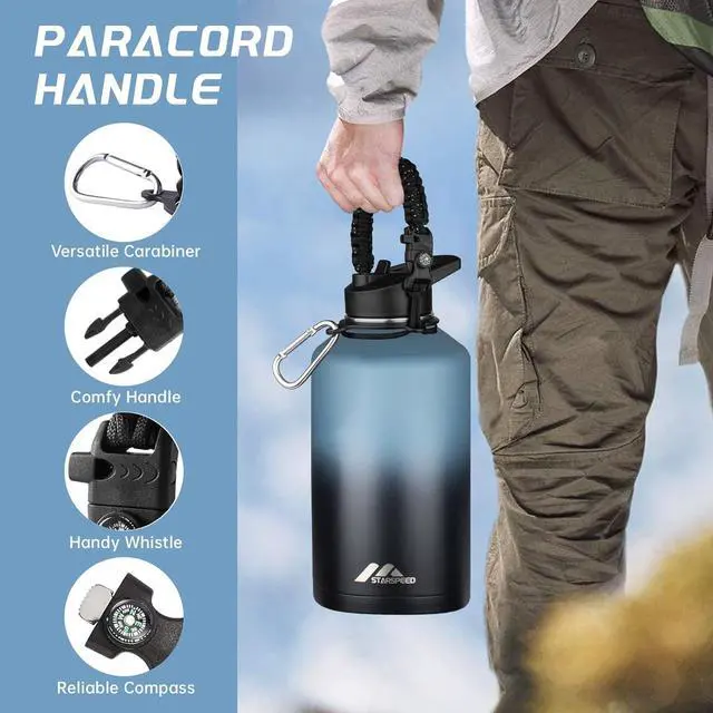 Alt view image 4 of 6 - StarSpeed 64oz Insulated Water Bottle with Straws & 2 Lids, Half Gallon Stainless Steel Double Walled Vacuum Water Jug, Large Wide Mouth with Paracord Handle for Gym Camping Hiking, Indigo Black