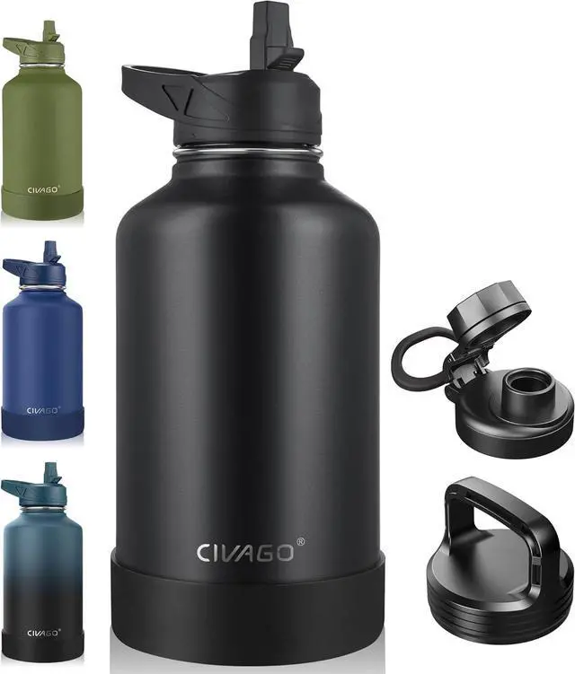 Main image of CIVAGO 64 oz Insulated Water Bottle With Straw, Half Gallon Stainless Steel Sports Water Flask Jug with 3 Lids (Straw, Spout and Handle Lid), Large Metal Thermal Cup Mug, Midnight Black