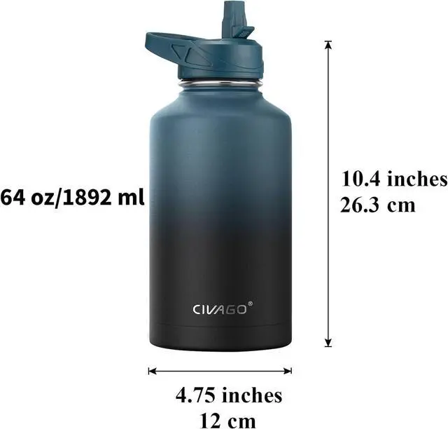 Alt view image 4 of 5 - CIVAGO 64 oz Insulated Water Bottle With Straw, Half Gallon Stainless Steel Sports Water Flask Jug with 3 Lids (Straw, Spout and Handle Lid), Large Metal Thermal Cup Mug, Midnight Black