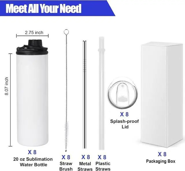 Alt view image 5 of 7 - 8 Pack Sublimation Water Bottle Blanks 20 oz Sublimation Sports Water Bottle with Handle Stainless Steel Sublimation Tumbler Blanks with Lids and Straws, Individually Box, White, Diy Gift