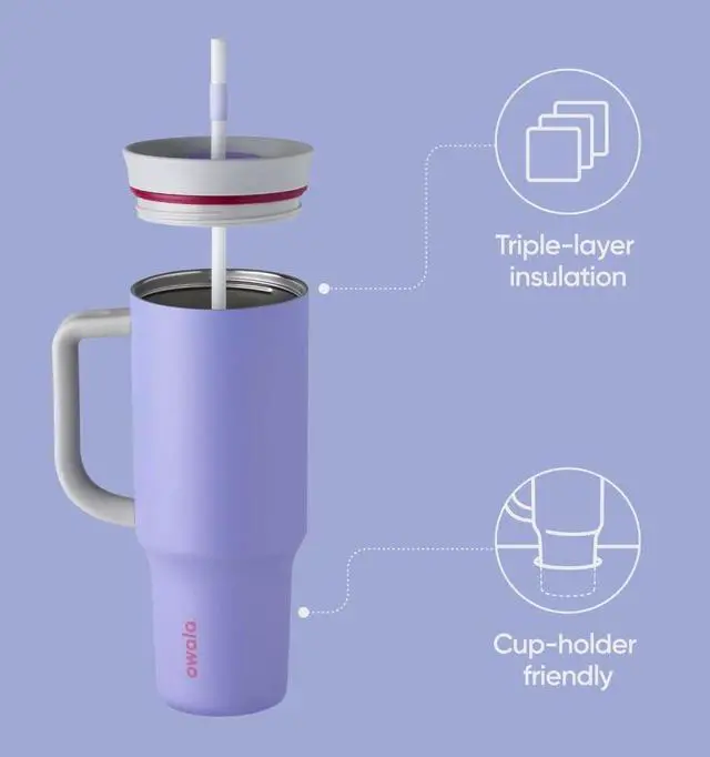 Alt view image 2 of 6 - Owala Stainless Steel Triple Layer Insulated Travel Tumbler with Spill Resistant Lid, Straw, and Carry Handle, BPA Free, 40 oz, Light Purple (Whimsical Daydream)