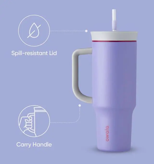 Alt view image 3 of 6 - Owala Stainless Steel Triple Layer Insulated Travel Tumbler with Spill Resistant Lid, Straw, and Carry Handle, BPA Free, 40 oz, Light Purple (Whimsical Daydream)