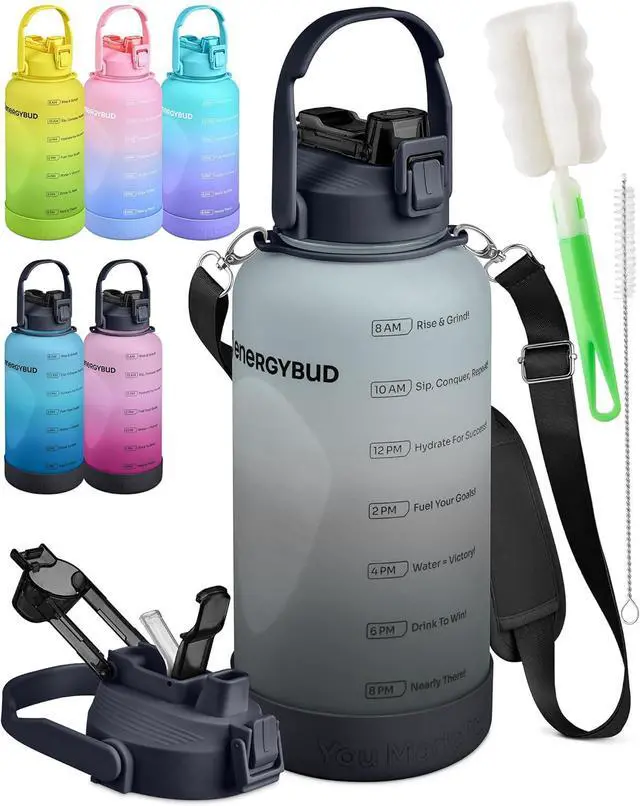 Main image of 1 Gallon Water Bottle With Straw Dishwasher-Safe BPS & BPA Free, 2 Cleaning Brush Motivational 128oz Water Jug with Time Markers, Wide-Mouth Tritan, Gym & Exercise Equipment(Clear & Black)