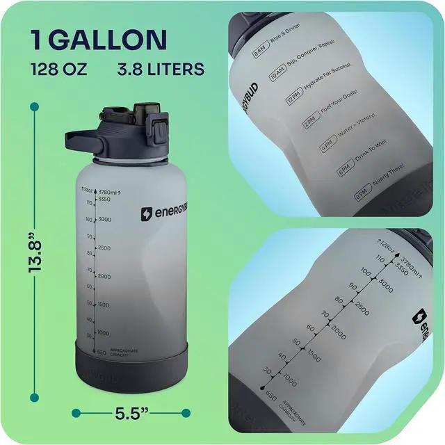 Alt view image 7 of 7 - 1 Gallon Water Bottle With Straw Dishwasher-Safe BPS & BPA Free, 2 Cleaning Brush Motivational 128oz Water Jug with Time Markers, Wide-Mouth Tritan, Gym & Exercise Equipment(Clear & Black)
