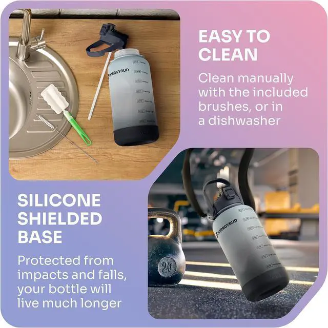 Alt view image 6 of 7 - 1 Gallon Water Bottle With Straw Dishwasher-Safe BPS & BPA Free, 2 Cleaning Brush Motivational 128oz Water Jug with Time Markers, Wide-Mouth Tritan, Gym & Exercise Equipment(Clear & Black)