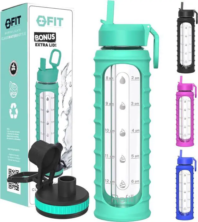 Main image of FIT Strong & Healthy 32 oz Glass Water Bottle with Straw Lid, Time Marker, Sleeve & Extra Lid - Motivational, Wide Mouth, Large BPA-Free 1 Liter Glass Drinking Bottle