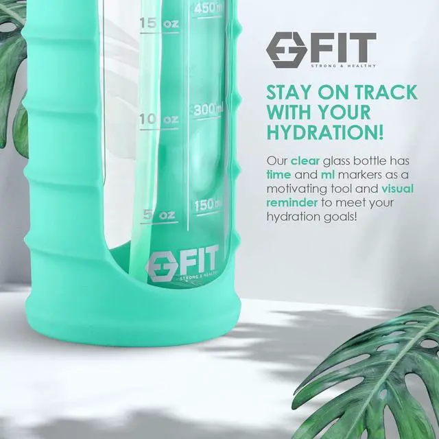 Alt view image 3 of 7 - FIT Strong & Healthy 32 oz Glass Water Bottle with Straw Lid, Time Marker, Sleeve & Extra Lid - Motivational, Wide Mouth, Large BPA-Free 1 Liter Glass Drinking Bottle