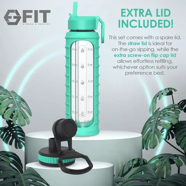 Alt view image 5 of 7 - FIT Strong & Healthy 32 oz Glass Water Bottle with Straw Lid, Time Marker, Sleeve & Extra Lid - Motivational, Wide Mouth, Large BPA-Free 1 Liter Glass Drinking Bottle