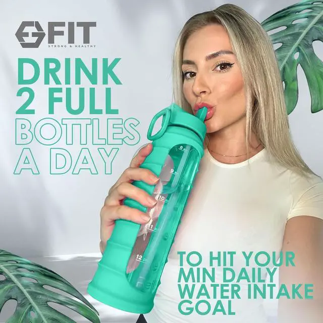 Alt view image 6 of 7 - FIT Strong & Healthy 32 oz Glass Water Bottle with Straw Lid, Time Marker, Sleeve & Extra Lid - Motivational, Wide Mouth, Large BPA-Free 1 Liter Glass Drinking Bottle