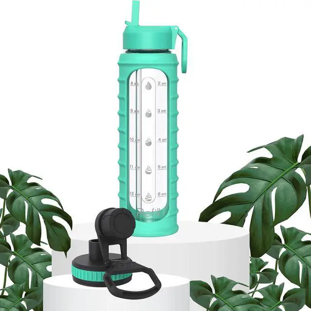 Alt view image 7 of 7 - FIT Strong & Healthy 32 oz Glass Water Bottle with Straw Lid, Time Marker, Sleeve & Extra Lid - Motivational, Wide Mouth, Large BPA-Free 1 Liter Glass Drinking Bottle
