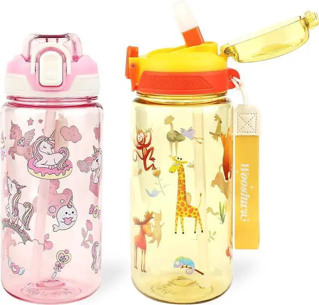 Main image of Kids Water Bottle for School or Travel, 20 Oz 2 Pack Durable Plastic Water Bottle with Silicone Straw and Pop-Up Spout Cover, BPA Free & Dishwasher Safe(Forest Animals & Unicorn)