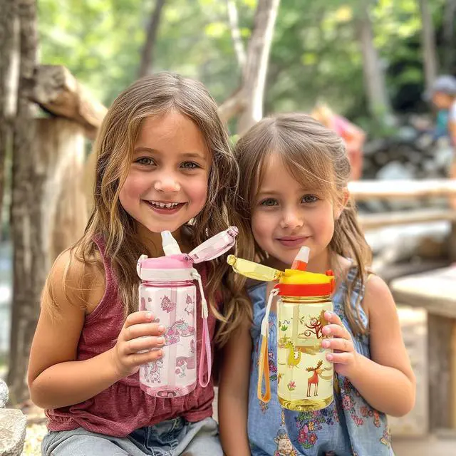 Alt view image 5 of 6 - Kids Water Bottle for School or Travel, 20 Oz 2 Pack Durable Plastic Water Bottle with Silicone Straw and Pop-Up Spout Cover, BPA Free & Dishwasher Safe(Forest Animals & Unicorn)