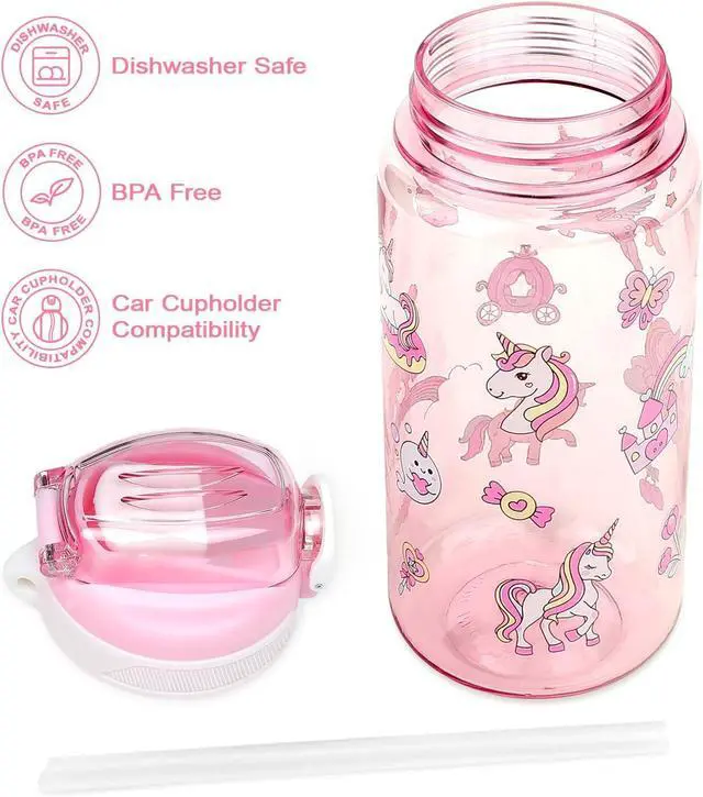 Alt view image 4 of 6 - Kids Water Bottle for School or Travel, 20 Oz 2 Pack Durable Plastic Water Bottle with Silicone Straw and Pop-Up Spout Cover, BPA Free & Dishwasher Safe(Forest Animals & Unicorn)
