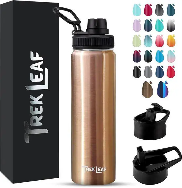 Main image of Travel Water Bottle with 3 Lids (Spout, Straw, Flip) Leak Proof, Quality, Vacuum Insulated, Stainless Steel (Rose Gold, 22 oz)