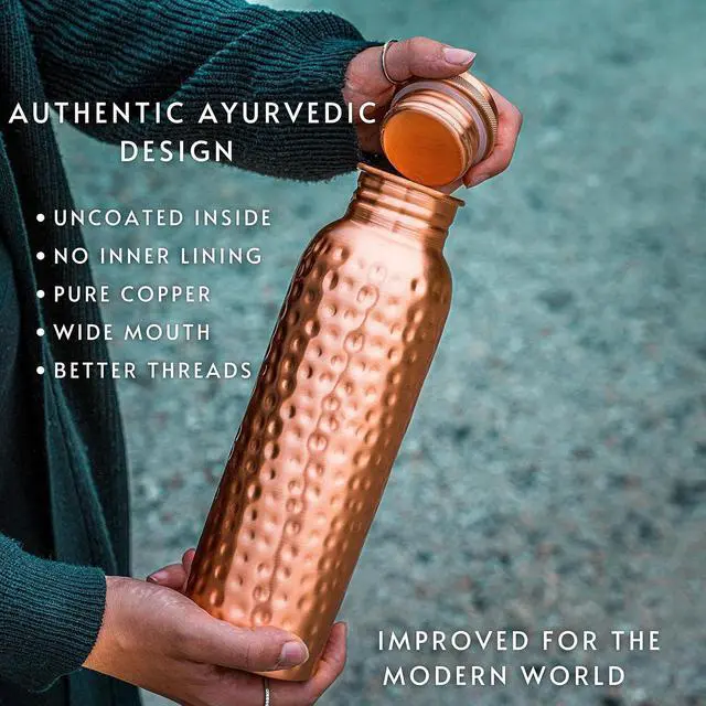 Alt view image 5 of 7 - Copper Water Bottle - 34 Oz Extra Large - A Hammered Ayurvedic Pure Copper Vessel For Drinking - Drink More Water, Lower Your Sugar Intake And Enjoy The Health Benefits Immediately