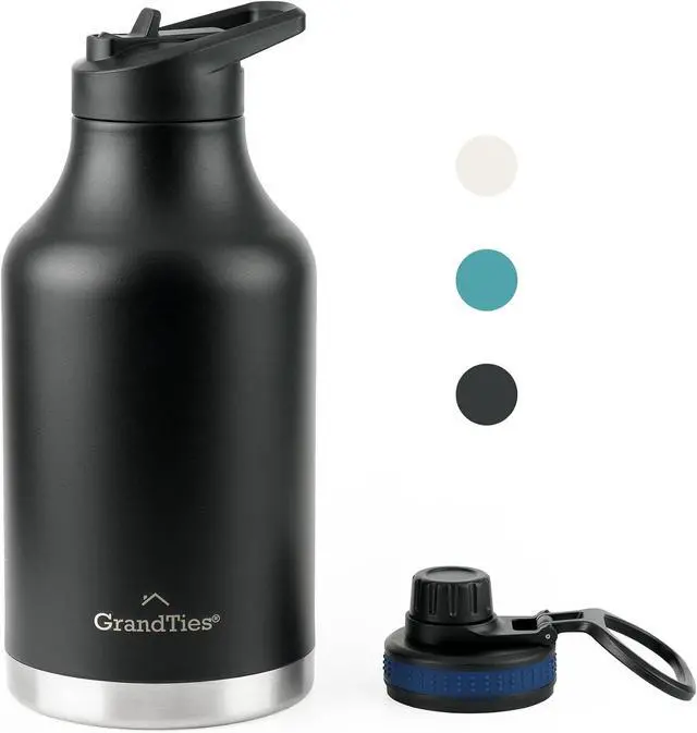 Main image of GRANDTIES 2 Lids Sports Stainless Steel Water Bottles  Wide Mouth Vacuum Insulated Reusable Leak Proof BPA-Free Travel Metal Canteen, Thermos Bottles for Men Women Gym (Midnight Black 64 oz)