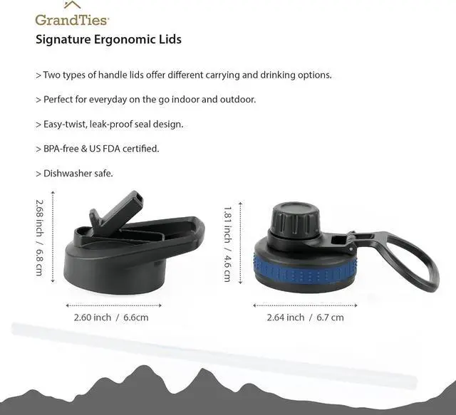 Alt view image 3 of 5 - GRANDTIES 2 Lids Sports Stainless Steel Water Bottles  Wide Mouth Vacuum Insulated Reusable Leak Proof BPA-Free Travel Metal Canteen, Thermos Bottles for Men Women Gym (Midnight Black 64 oz)