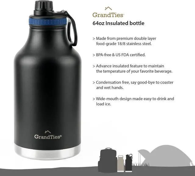 Alt view image 5 of 5 - GRANDTIES 2 Lids Sports Stainless Steel Water Bottles  Wide Mouth Vacuum Insulated Reusable Leak Proof BPA-Free Travel Metal Canteen, Thermos Bottles for Men Women Gym (Midnight Black 64 oz)