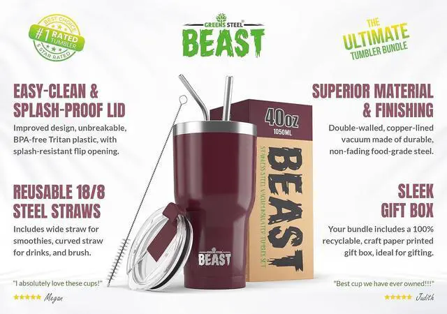 Alt view image 2 of 7 - Beast 40 oz Tumbler Stainless Steel Vacuum Insulated Coffee Ice Cup Double Wall Travel Flask (Cranberry Red)