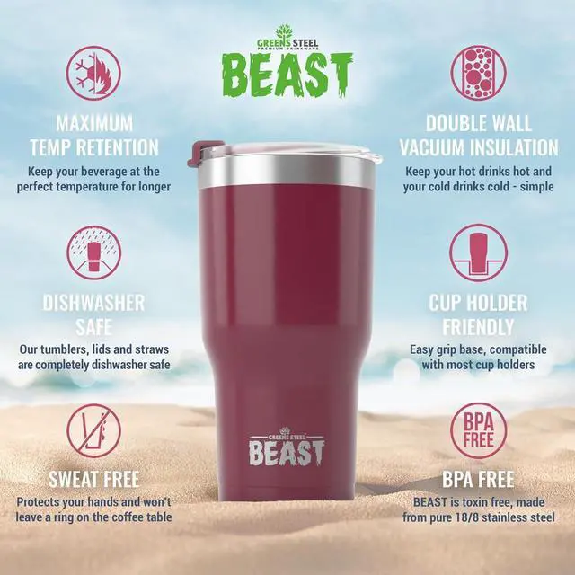 Alt view image 6 of 7 - Beast 40 oz Tumbler Stainless Steel Vacuum Insulated Coffee Ice Cup Double Wall Travel Flask (Cranberry Red)