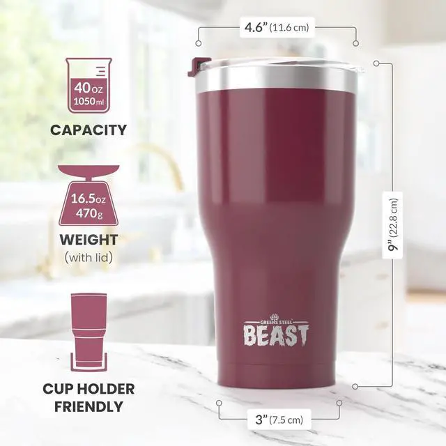 Alt view image 7 of 7 - Beast 40 oz Tumbler Stainless Steel Vacuum Insulated Coffee Ice Cup Double Wall Travel Flask (Cranberry Red)