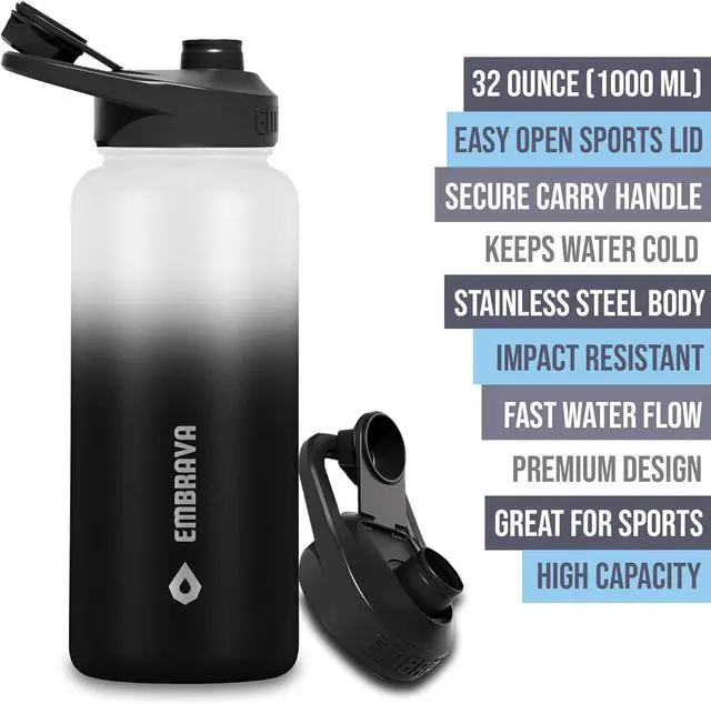 Alt view image 2 of 7 - Embrava Insulated Sports Water Bottle - 32oz - Quick Open Lid for Gym, Workouts and Outdoors - Leak Proof - BPA & BPS Free - Double Walled & Stainless Steel