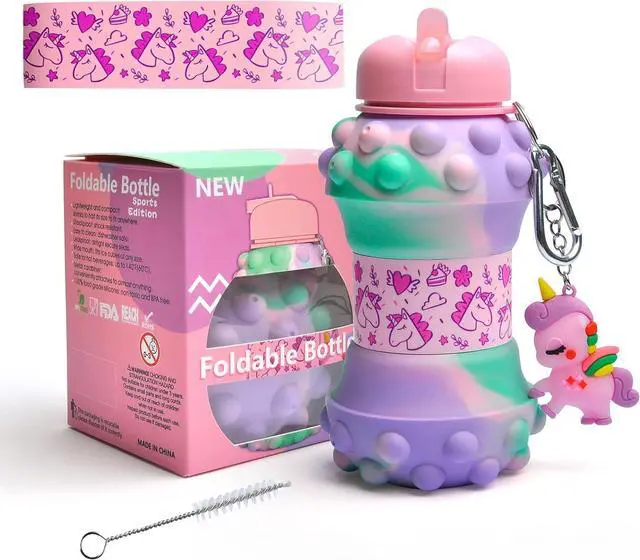 Main image of Louis Donné Collapsible Water Bottles For Kids, 19oz Unicorn Sports Water Bottle For Traveling, School, Outdoor, Cute Push Poping Bubble Design, Gifts For Girls