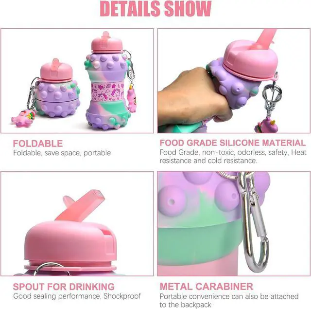 Alt view image 3 of 7 - Louis Donné Collapsible Water Bottles For Kids, 19oz Unicorn Sports Water Bottle For Traveling, School, Outdoor, Cute Push Poping Bubble Design, Gifts For Girls
