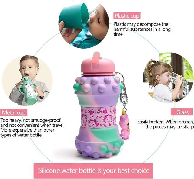 Alt view image 2 of 7 - Louis Donné Collapsible Water Bottles For Kids, 19oz Unicorn Sports Water Bottle For Traveling, School, Outdoor, Cute Push Poping Bubble Design, Gifts For Girls