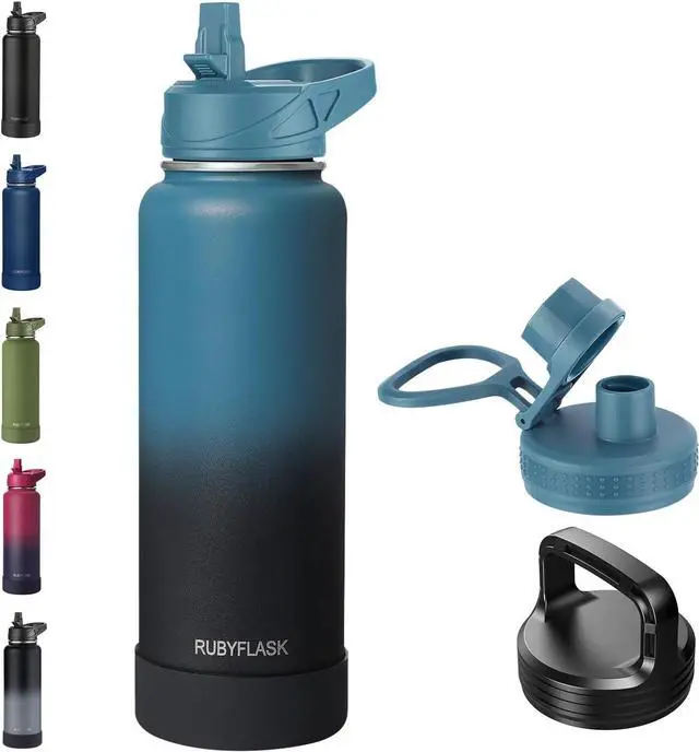 Main image of 40oz Insulated Water Bottle with Straw, Stainless Steel Metal Vacuum Water Flask, Large Thermos Water bottle with Leakproof 3 Lids for Travel, Camping, Gym Sports Indigo Black