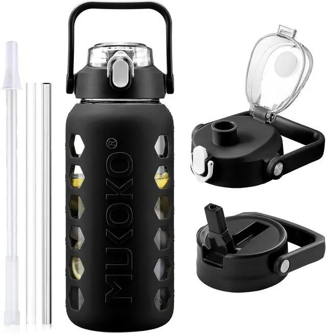 Main image of MUKOKO Glass Water Bottles 64oz with 2 Lids, Half Gallon Water Bottle with Straws and Measurements, 2L Sports Water Jug with Silicone Sleeve, Leakproof, Black