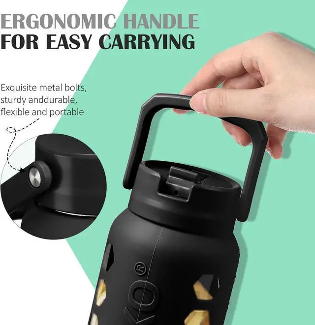 Alt view image 2 of 7 - MUKOKO Glass Water Bottles 64oz with 2 Lids, Half Gallon Water Bottle with Straws and Measurements, 2L Sports Water Jug with Silicone Sleeve, Leakproof, Black