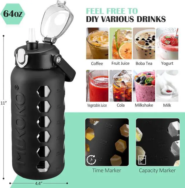 Alt view image 5 of 7 - MUKOKO Glass Water Bottles 64oz with 2 Lids, Half Gallon Water Bottle with Straws and Measurements, 2L Sports Water Jug with Silicone Sleeve, Leakproof, Black