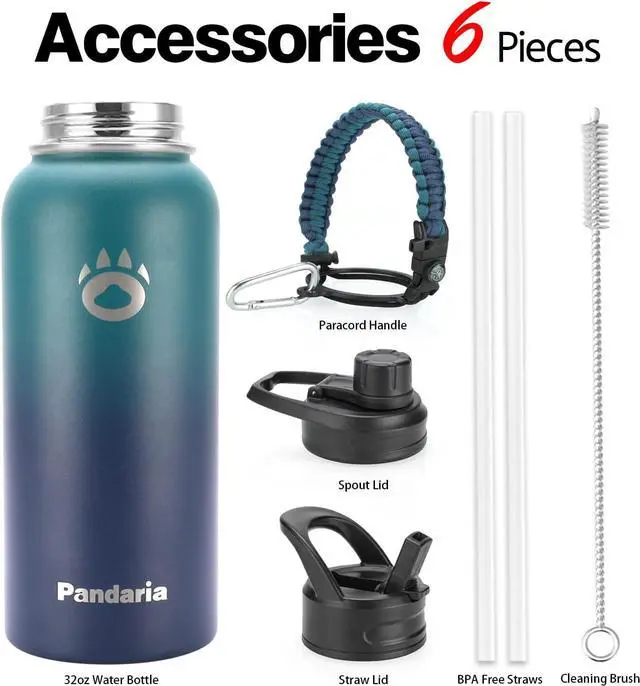 Alt view image 2 of 6 - Insulated Water Bottle 32oz, Stainless Steel Water Bottle with Straw & Spout Lids & Paracord Handle