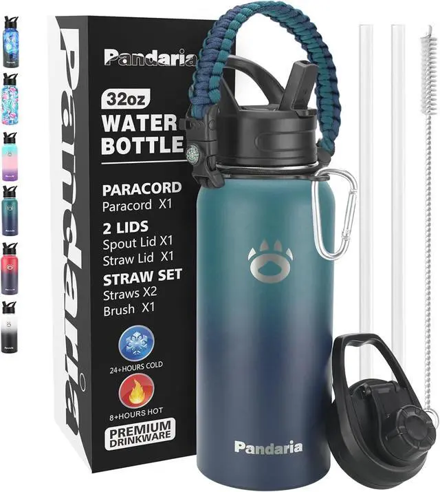 Main image of Insulated Water Bottle 32oz, Stainless Steel Water Bottle with Straw & Spout Lids & Paracord Handle