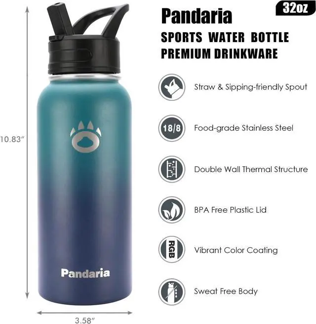 Alt view image 4 of 6 - Insulated Water Bottle 32oz, Stainless Steel Water Bottle with Straw & Spout Lids & Paracord Handle