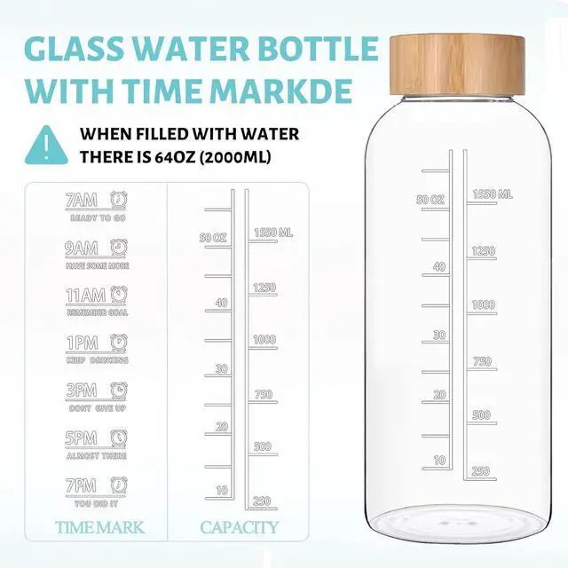 Alt view image 3 of 6 - Glass Water Bottles 64 OZ - Large Borosilicate Reusable Glass Drinking Bottle, Wide Mouth With Bamboo Lid