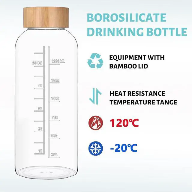 Alt view image 5 of 6 - Glass Water Bottles 64 OZ - Large Borosilicate Reusable Glass Drinking Bottle, Wide Mouth With Bamboo Lid
