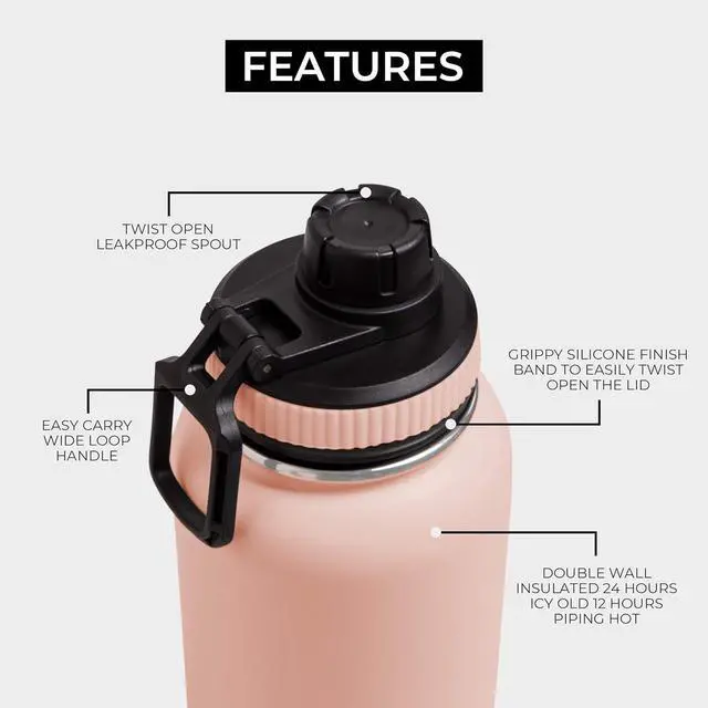 Alt view image 2 of 7 - BOZ Stainless Steel Water Bottle - Vaccum Insulated Water Bottle 32 Oz - Wide Mouth BPA Free Sport Water Bottle for Gym with Spout Lid - Thermal Hot & Cold 1 Litre Pink Water Bottle