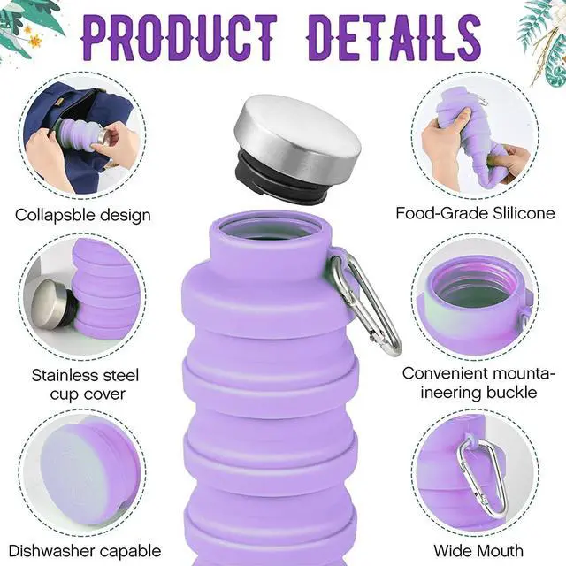 Alt view image 2 of 7 - Collapsible Water Bottle,4 Pcs BPA Free Reuseable Silicone Foldable Leakproof 16oz Water Bottles,Portable Lightweight Water Bottles with Carabiner for Travel Gym Camping,Hiking Outdoor Indoor Sports