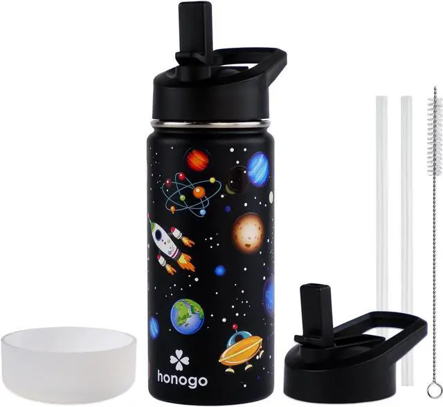 Main image of 16 oz Stainless Steel Insulated Kids Water Bottle, Leak Proof Metal Thermos Flask with Straw lid, Cute Toddler Tumbler Cup for School Girls & Boys (Black, Space)