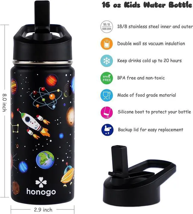 Alt view image 2 of 6 - 16 oz Stainless Steel Insulated Kids Water Bottle, Leak Proof Metal Thermos Flask with Straw lid, Cute Toddler Tumbler Cup for School Girls & Boys (Black, Space)