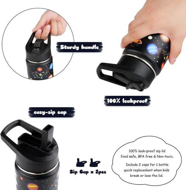 Alt view image 4 of 6 - 16 oz Stainless Steel Insulated Kids Water Bottle, Leak Proof Metal Thermos Flask with Straw lid, Cute Toddler Tumbler Cup for School Girls & Boys (Black, Space)