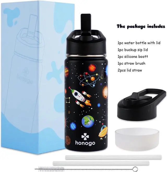 Alt view image 6 of 6 - 16 oz Stainless Steel Insulated Kids Water Bottle, Leak Proof Metal Thermos Flask with Straw lid, Cute Toddler Tumbler Cup for School Girls & Boys (Black, Space)