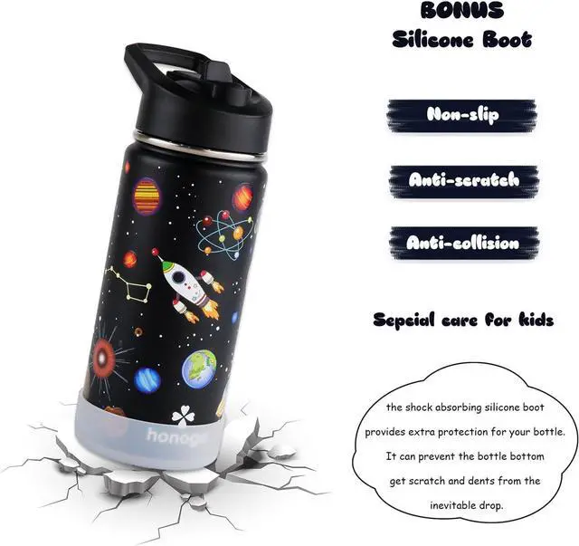 Alt view image 5 of 6 - 16 oz Stainless Steel Insulated Kids Water Bottle, Leak Proof Metal Thermos Flask with Straw lid, Cute Toddler Tumbler Cup for School Girls & Boys (Black, Space)